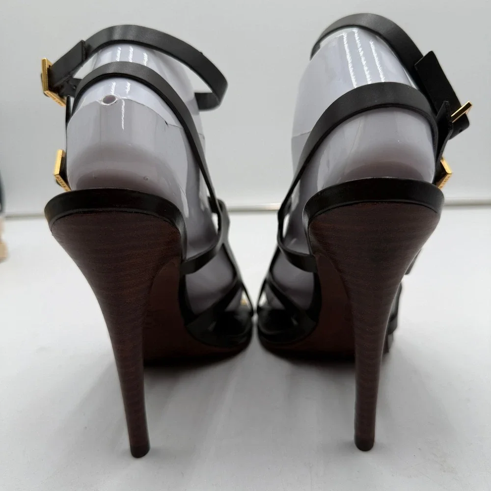 Tory Burch Francesca Gladiator Heels Double Buckle Leather Brown Gold Women 9M